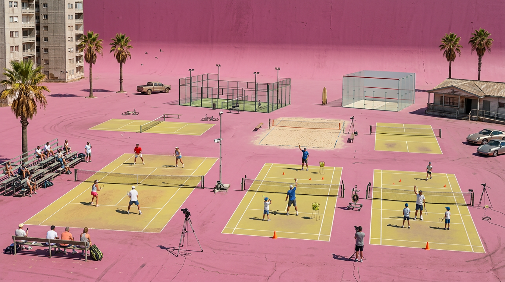 Players on tennis, padel, pickleball, badminton, squash, beach and table-tennis courts on one open-air complex